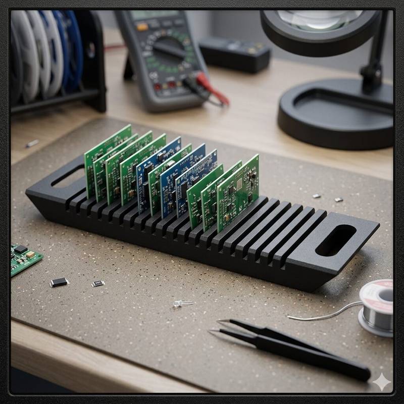 Professional 18-Slot Matte Black ESD-Safe Vertical PCB Storage Rack with Integrated Ergonomic Side Grip Handles. (6x16 inch) - Image 1