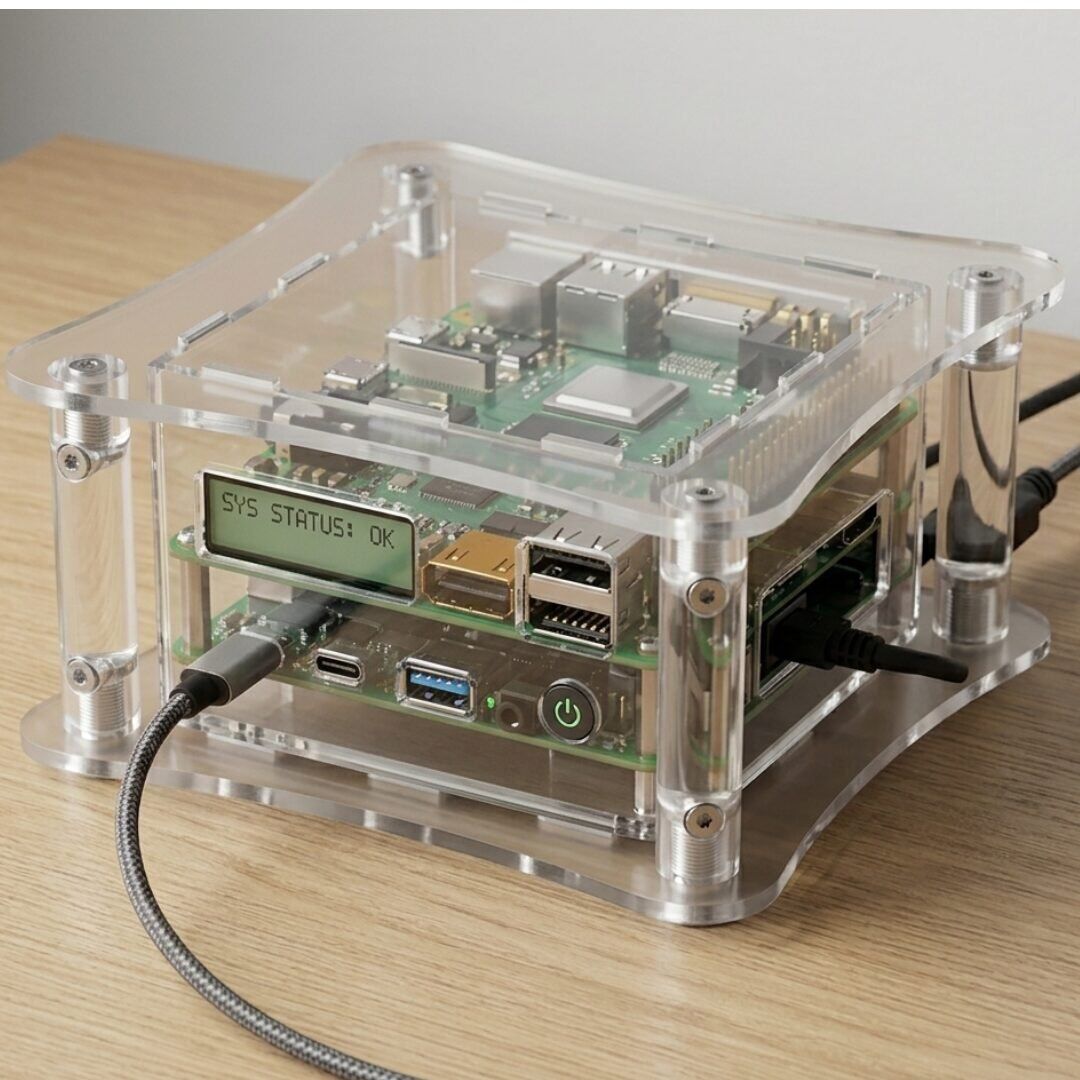 Premium dual-stack acrylic custom electronic PCB enclosure with integrated LCD status display. - Image 1