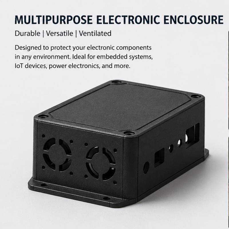 Industrial Dual-Fan Matte Black Custom Enclosure with Multi-Port Cutouts and Secure Flange Mounting Base. - Image 1